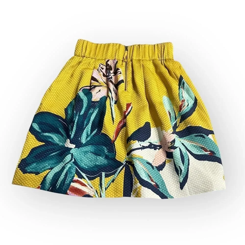 Anthropologie Maeve Tropicale Skirt Women's 2 Yellow Blue Floral Pleated Short